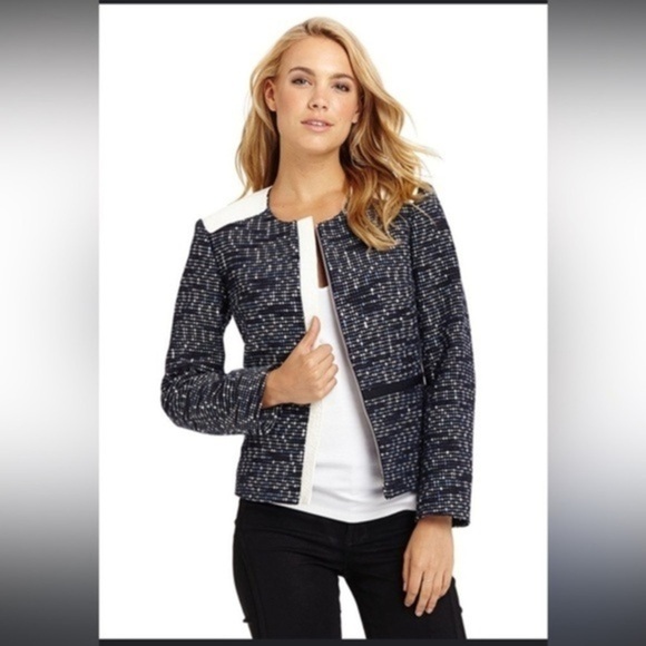 RACHEL Rachel Roy Jackets & Blazers - RACHEL ROY Leather Trim Career Jacket Blazer 8 Long Sleeve Full Zip Lined Blue K